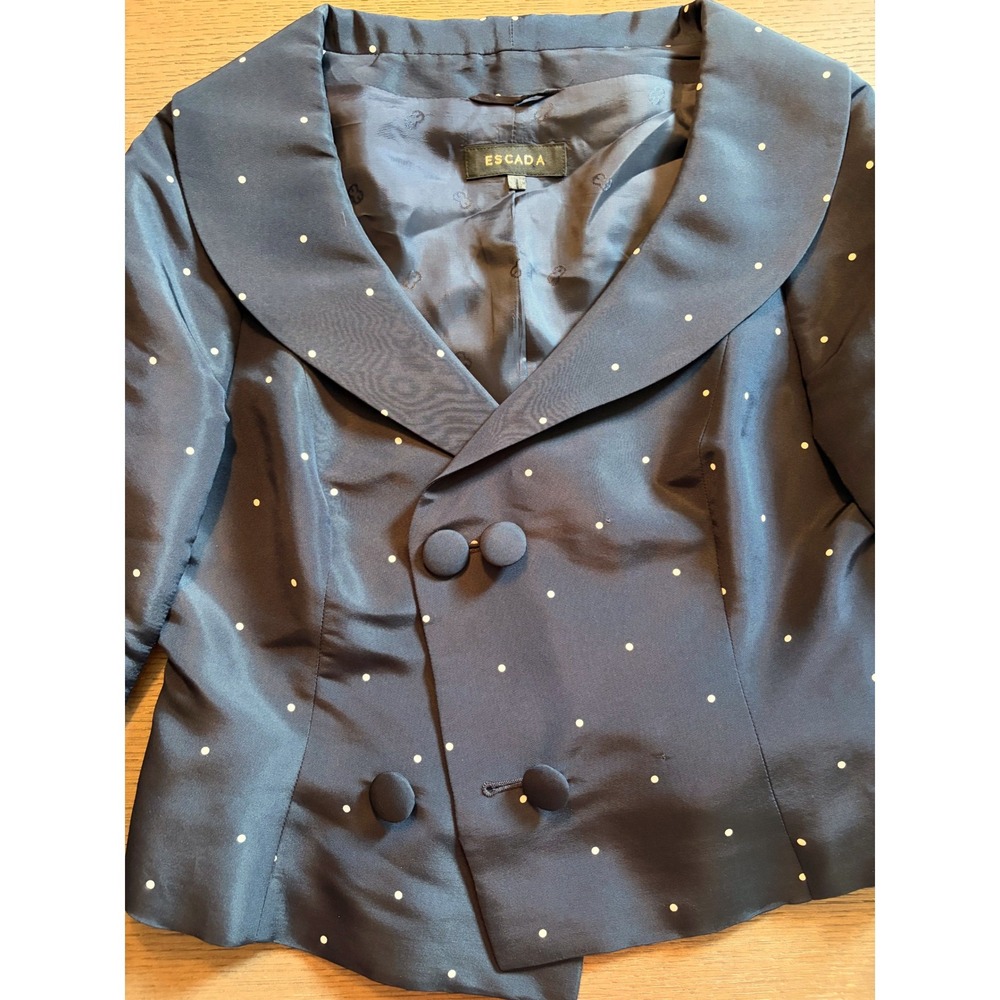 Escada Navy Blue Polka Dot Silk‎ Blend Double Breasted Shawl Collar Jacket 38 - Picture 4 of 16